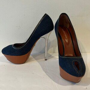$875 SERGIO ROSSI OPEN TOE DENIM LEATHER WRAP PLATFORM HEELS SIZE 37 / 7 US